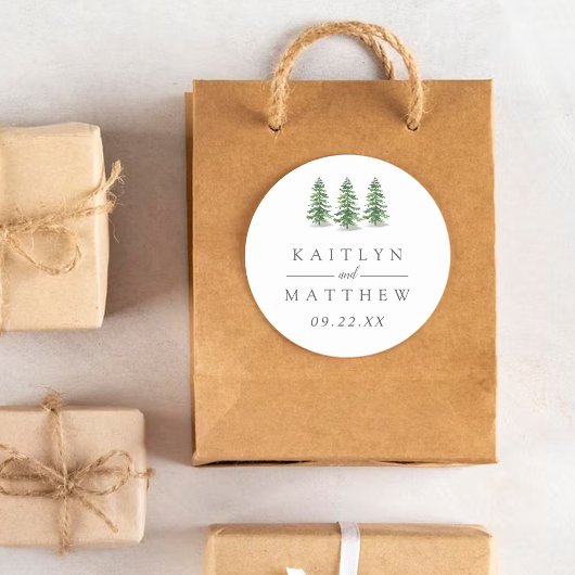 The Watercolor Pine Tree Forest Wedding Collection Runder Aufkleber