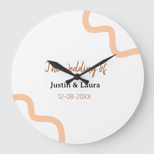 The wedding of add bride groom name date peach große wanduhr (Vorderseite)