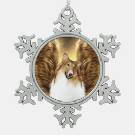 The Winged Collie Angel Portrait on Gold Schneeflocken Zinn-Ornament