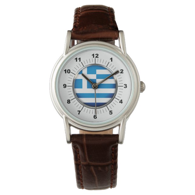 The Women's Greece Flag Classic Brown Leather Watc Armbanduhr (Vorderseite)