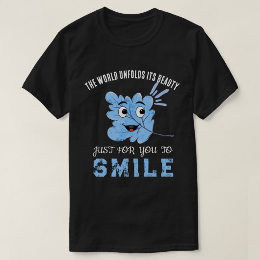 "The World Unfolds Its Beauty" Blue Smiling Leaf  T-Shirt (Design vorne)
