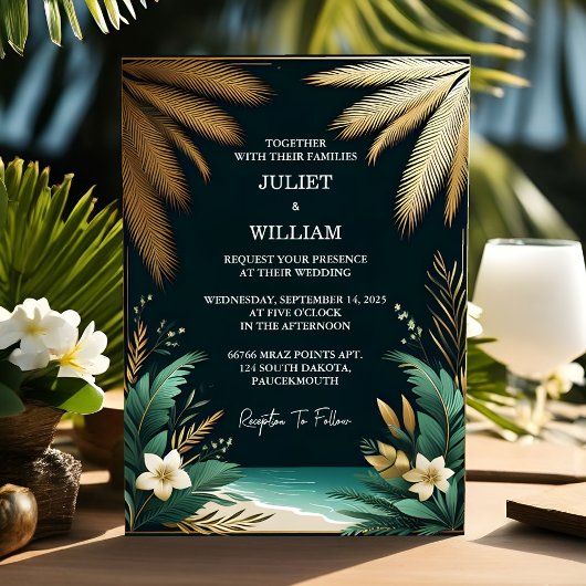 The Wreath Palm Tree Beach Green And Gold Wedding Einladung