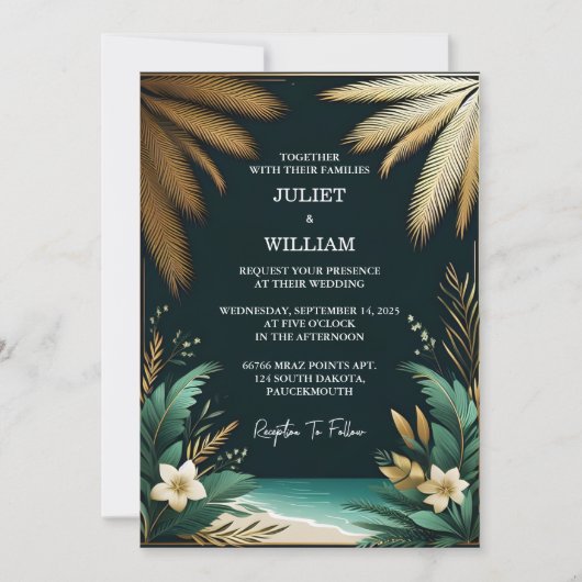 The Wreath Palm Tree Beach Green And Gold Wedding Einladung (Vorderseite)