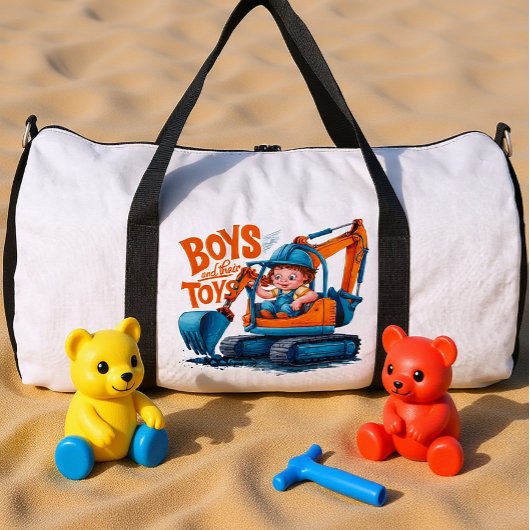 The Young Explorer: Boy on Bulldozer Duffle Bag