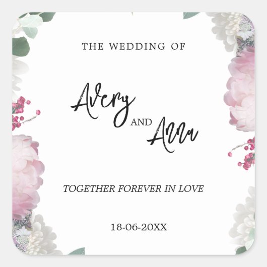 Thema Blumenhochzeit Quadratischer Aufkleber (Vorderseite)