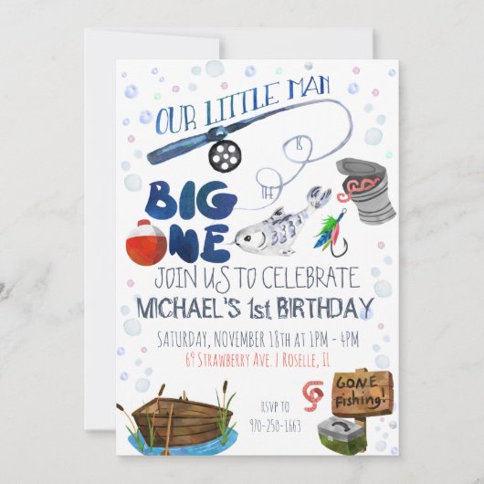 Thema Fischen Erster Geburtstag Einladung (Vorderseite)