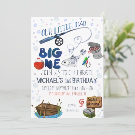 Thema Fischen Erster Geburtstag Einladung (Stehend Vorderseite)