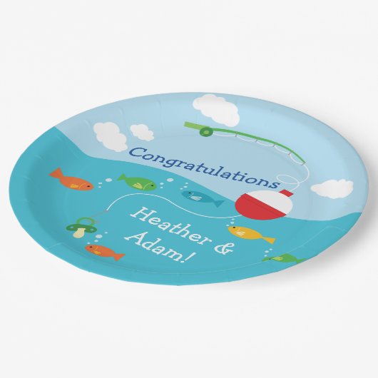 Thema Fischerei Kinderdusche für Fischer Pappteller (Schrägansicht)