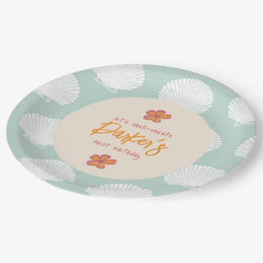 Thema "Muschel" des Party "Küstenstrand" Pappteller (Schrägansicht)