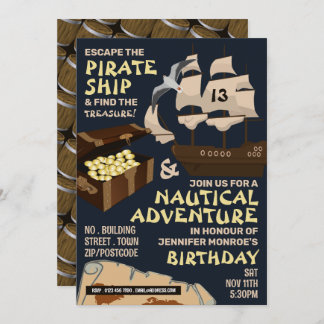 Thema Piratenschiff, Escape Room, Geburtstagsparty Einladung