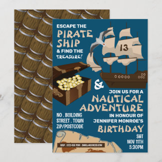 Thema Piratenschiff, Escape Room, Geburtstagsparty Einladung