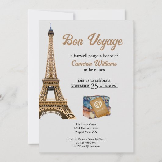 Thema Ruhestandsreise Bon Voyage Eifel Tower Einladung (Vorderseite)