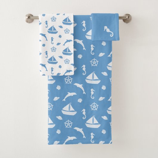 Thema Sailboat Ocean | Blau und Weiß Badhandtuch Set (Insitu)
