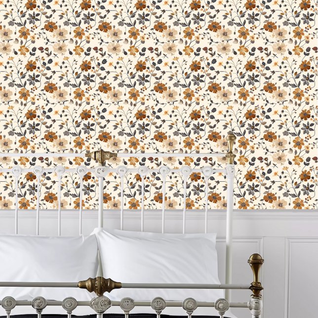 Thematische Blume Tapete (Cottagecore Fall Themed Flowers Wallpaper behind a white metal bed frame. )