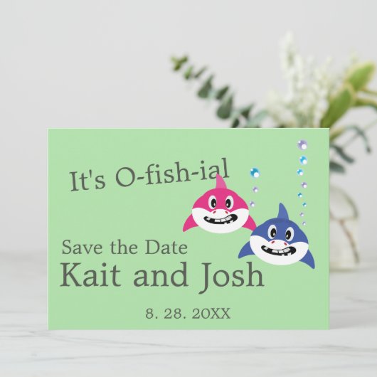 Theme Wedding Fish Funny Hai speichern Datum Einladung (Stehend Vorderseite)