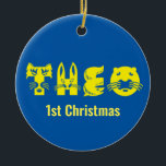 Theo First Christmas Keramik Ornament<br><div class="desc">Ein erstes Weihnachtsschmuck für ein Kind namens Theo. Designed by True Hearted Girl.</div>