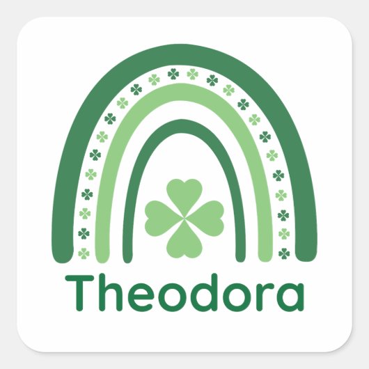 Theodora Name Clover Boho Rainbow Quadratischer Aufkleber (Vorderseite)