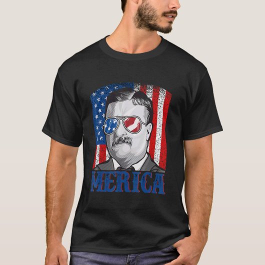 Theodore Roosevelt 4. Juli Men Usa Flag Meric T-Shirt (Vorderseite)