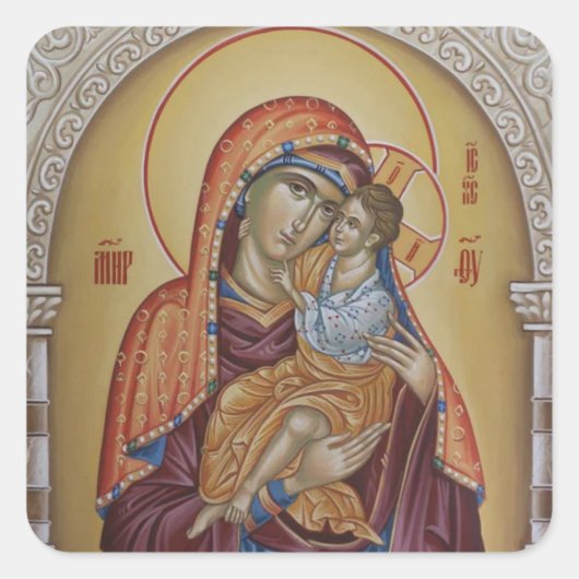 Theotokos und das christliche Kind Quadratischer Aufkleber (Vorderseite)
