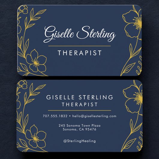 Therapist Floral Navy Blue Gold Professional Visitenkarte
