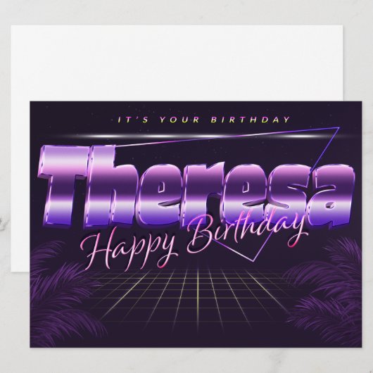 Theresa Name Vorname lila retro Karte Geburtstag (Vorne/Hinten)