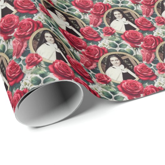 Thérèse von Lisieux Rote Rosen Geschenkpapier (Rolleneckpunkt)