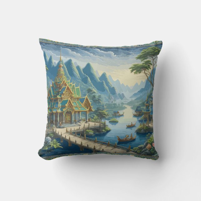 Thibaut Asian Landschaftlich Blue and Green Decora Kissen (Vorderseite)