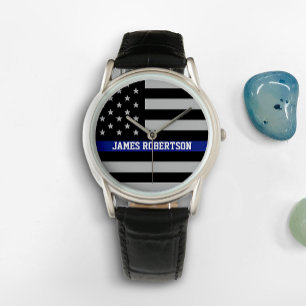 Thin Blue Line - American Flag Personalisiert Armbanduhr