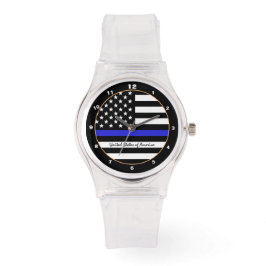 Thin Blue Line & American Flag Police / USA klar Armbanduhr