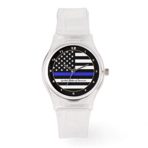 Thin Blue Line & American Flag Police / USA klar Armbanduhr