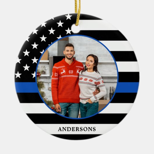 Thin Blue Line Custom Foto Police Weihnachten Keramik Ornament (Vorne)