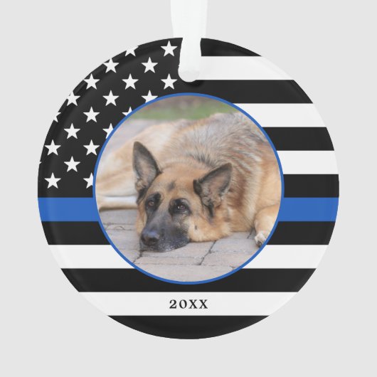 Thin Blue Line Flag Foto K9 Polizei Hund Weihnacht Ornament (Rückseite)