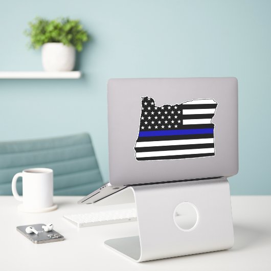 Thin Blue Line Flag Oregon Aufkleber (Laptop auf Schreibtisch)