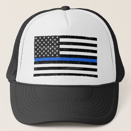 Thin Blue Line Grungy American Flag Truckerkappe (Vorderseite)