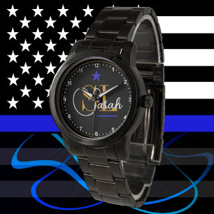 Thin Blue Line - Mit Monogramm Name und Unterschri Armbanduhr