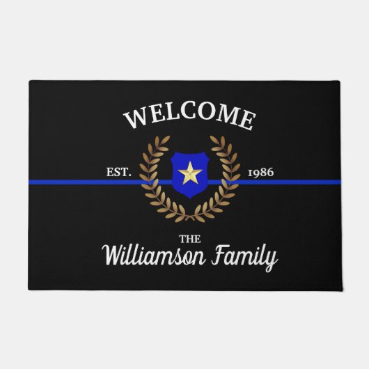 Thin Blue Line Police Abzeichen Willkommen Fußmatte (Vorderseite)