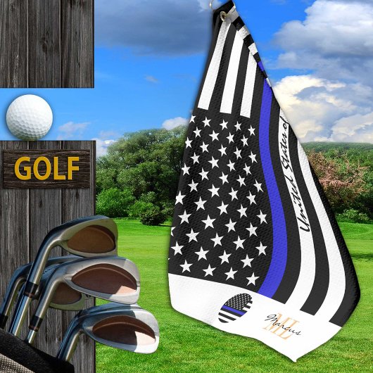 Thin Blue Line & Police, amerikanische Flagge /mon Golfhandtuch