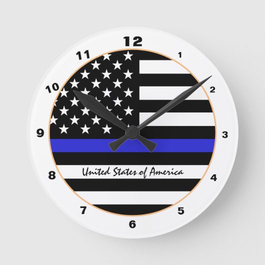 Thin Blue Line Police Flag & American Flag / USA Runde Wanduhr (Vorderseite)
