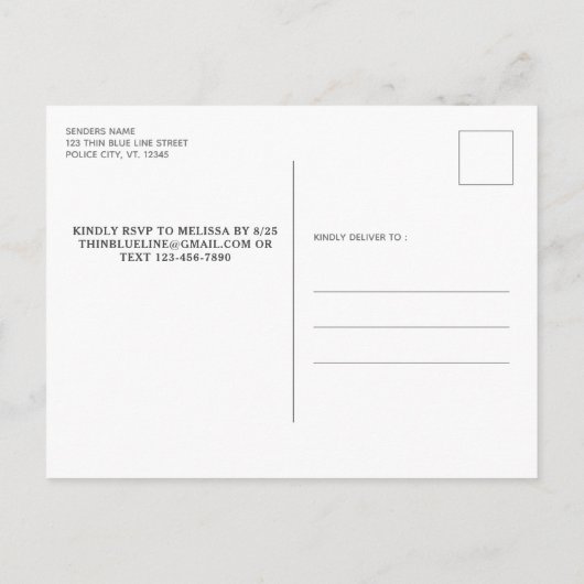 Thin Blue Line Police Officer Pensionierung Party Einladungspostkarte (Rückseite)