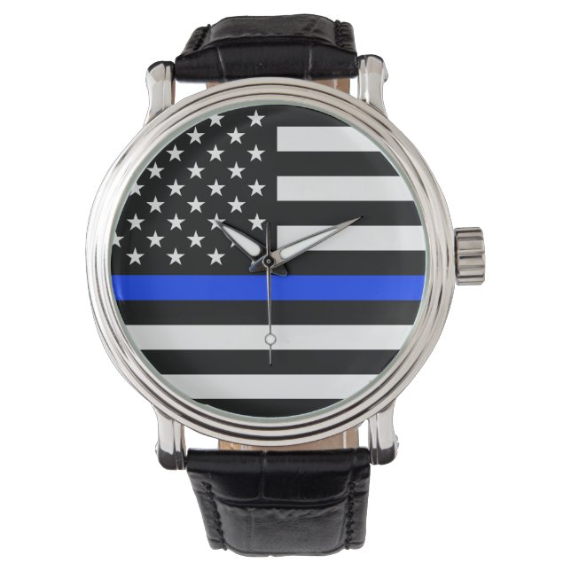 Thin Blue Line Polizei-Flagge Armbanduhr (Vorderseite)
