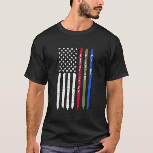 Thin Blue Red Green Line American Flag Police Mili T-Shirt (Vorderseite)