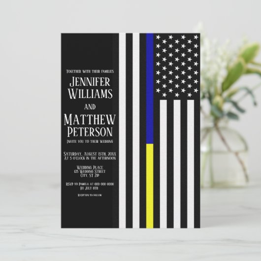 Thin Blue/Yellow Line-Hochzeit Einladung (Stehend Vorderseite)