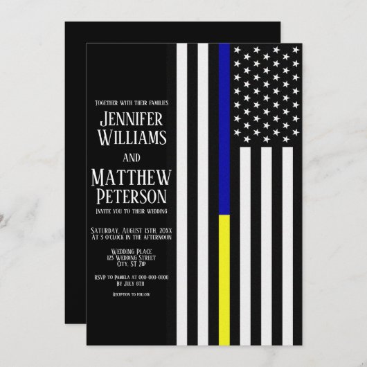 Thin Blue/Yellow Line-Hochzeit Einladung (Vorne/Hinten)