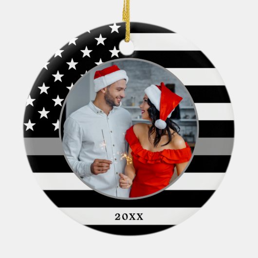 Thin Gray Line Silver Custom Foto Christmas Keramik Ornament (Hinten)