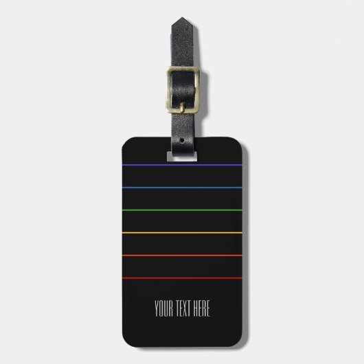 Thin Rainbow Stripes Black Text Gepäckanhänger (Vorderseite vertikal)