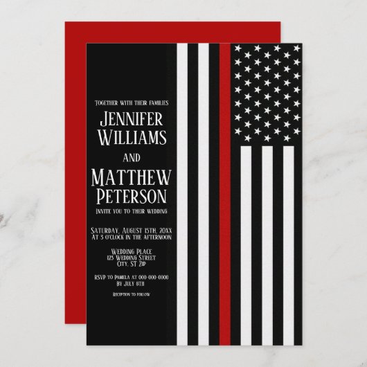 Thin Red Line Feuerwehrflagge Hochzeit Einladung (Vorne/Hinten)