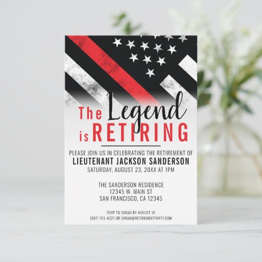 Thin Red Line Firefighter Fireman Retirement Party Einladung (Stehend Vorderseite)