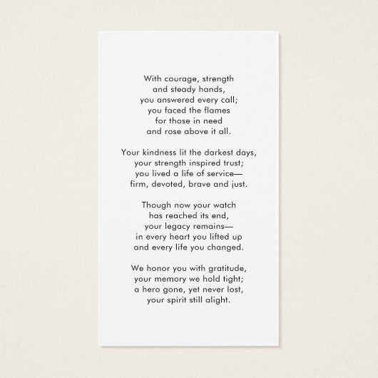 Thin Red Line Firefighter Memorial Prayer Card (Rückseite)