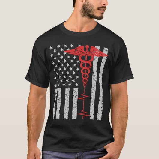 Thin Red Line Nurse Caduceus American Flag T-Shirt (Vorderseite)