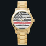 Thin Red Line Personalized Firefighter Retirement  Armbanduhr<br><div class="desc">Celebrate and show your appreciation to an outstanding Firefighter with this Thin Red Line Firefighter Retirement Watch - American flag design in Firefighter Flag colors, distressed design . Perfect for service awards, fireman anniversary gifts, and firefighter retirement gifts . Personalize this firefighter retirement watch with name, years of service and...</div>
